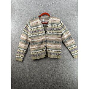 Vintage Tiara International Fair Isle Knit Cardigan Sweater Size L Wool Cotton